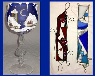 Fragile Hand Painted Wine Glass and Pair of Stained Glass Pieces 
