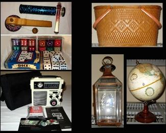 Kaleidoscope, Dice, Vintage Picnic Basket, Weather Radio, Lantern and Globe 