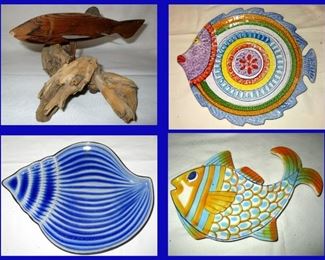 Carved Wooden Fish and Ceramic Platters 