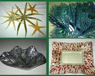 Starfish, Peacock Feathers, Shell Bowl and Glass Dish 
