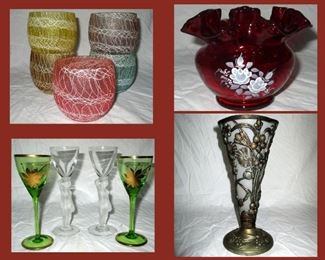 MCM Spaghetti String Glasses, Ruby Fenton Vase, Cordials and Metal Overlay Vase 