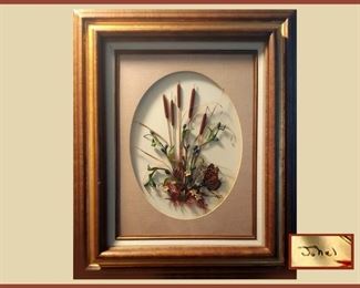 Signed 3 Dimensional Cattail and Butterfly Art