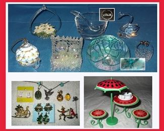 Small Glass Pcs, Vintage Jewelry and Small Metal Watermelon Doll House Furniture with Teeny Weenie Dishes 