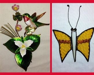 Small Metal Hummingbird Sculpture and Small Stained Glass Butterfly 