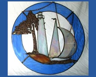 Stained Glass Lighthouse and Sailboat with Tree;  Sample of the HUGE Selection of One of a Kind Stained Glass Pcs Available