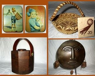 Vintage Tins, Small Woven Basket, MCM Leather Ice Bucket and Decorative Hanging Face Mask