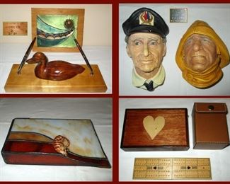 Wooden Duck Pen Holder, Bossoms England Heads, Stained Glass Box, Wooden Box with Heart and Folding Cribbage Board with Case 