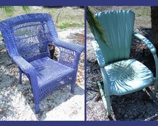 Purple Wicker Chair and Vintage Lawn Chair