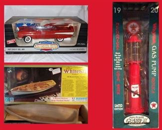 Die Cast 57 Chevy, Whitehall Boat Model and Wayne Antique Gas Pump Replica Coin Bank