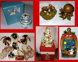 Simon Designs Cupcake Paperweight, 2 Tiny Mouse Figurines, Glass Eyes, Fitz and Floyd Musical Tree and  Halloween Light 