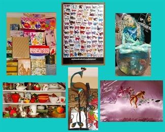 Loads of Decorative Boxes, Large Cute Cat Poster, Funny Mermaid, Loads of Strawberry Themed Items, Metal Peacock and Pair of Satin Koi Pillow Shams 