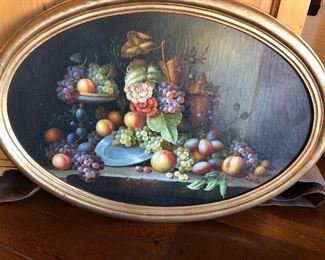 Oil painting horizontal oval still life fruit & flowers $125