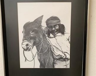 Charcoal drawing of a Navajo boy riding a mule