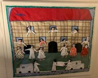 Navajo pictorial embroidery 'Hospital', framed in lucite