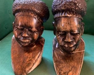 Pair of vintage African carved stone busts, unsigned