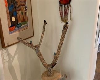 Birds on branches, polychrome Cordova carving, 33", unsigned