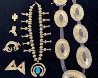 Native American brass concho belt, squash blossom necklace and stamped pins