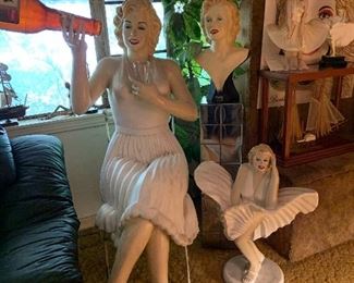 life size plaster Marilyn in chair, other Marilyn figurines