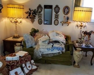 TONS of VINTAGE!  Marble Topped Tables, Pair of High End Crystal Lamps, Linens, Leather Purses