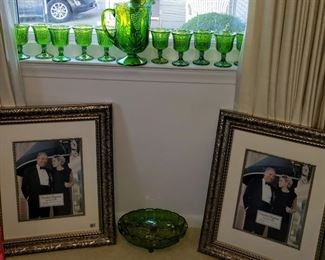 Set of Green Glass (rainbow/carnival?) and a VERY ORNATE Pair of Never Used Large  Picture Frames 