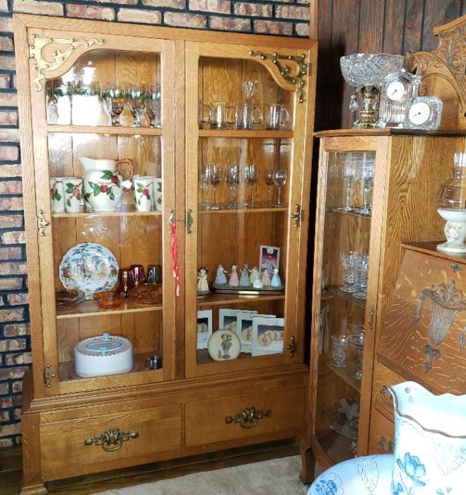 Beautiful large tall 2-door Oak bookcase with bottom drawer and brass hardware (great wavy glass!)