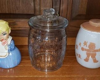 COLLECTIBLE COOKIE JARS: Planters Peanuts (large barrel) with peanut finial, Girl with Lollipop, Gingerbread Man