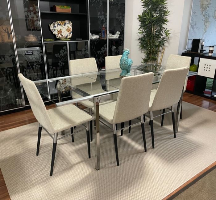 HALF OFF! $300.00 NOW, WAS $600.00......................Extendable Glass Table and 6 Chairs Extended: 74” x 34” without extensions: 49” x 34” (R047)