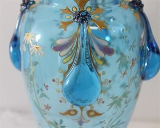 Hand Blown Floral Blue Glass Vase
