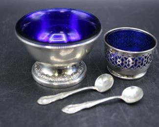 TWO vintage cobalt blue glass & sterling silver salt dips with sterling spoons
