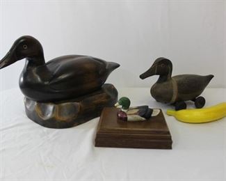 Carved Wood Duck on Pedestal, Duck Playing Cards w/ Wooden Box & Vintage Carved Wood Rolling Duck
