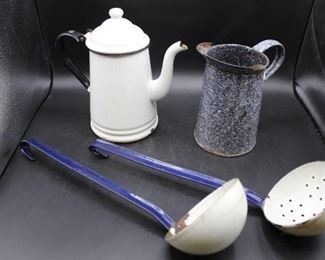 Blue & White Enamelware Teapot, Pitcher & Ladles
