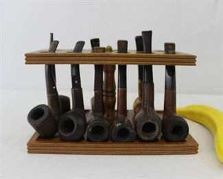 Vintage Wood Smoking Pipe Stand with Assortment of Medico &  Kaywoodie Tobacco pipes. 10 pcs
