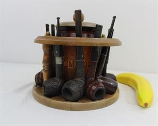 Vintage Round Wood Tobacco Pipe Stand with Glass Humidor & Assortment of Kaywoodie & Medico Pipes
