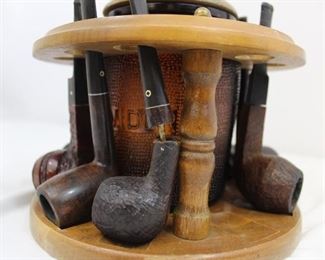 Vintage Round Wood Tobacco Pipe Stand with Glass Humidor & Assortment of Kaywoodie & Medico Pipes
