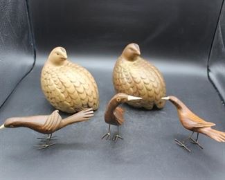 1970s Arnel's Ceramic Quails & Vintage hand carved wood birds
