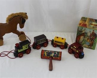 Vintage Carboard Nesting Blocks, Wood Horse Pull Toy, Kirchhof Tin Noise Maker & Wood Train Pull Toy
