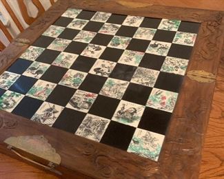Vintage Japanese "Fold 'n Go" Chess set with inlaid tiles and carved wood/jadite player pieces