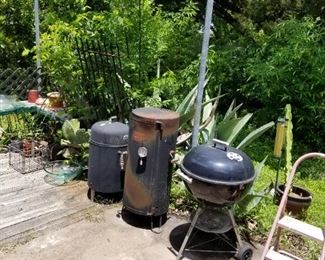 Smokers galore and barbecue cookbooks.