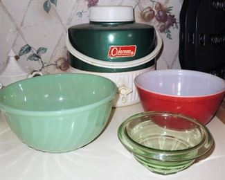 Jadite green mixing bowl, Depression green bowl, Pyrex Red bowl. Old Coleman Drink cooler