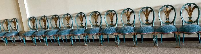 There are dozens and dozens of these ballroom chairs. Color is a sea green. Not true blue or true green. Very well constructed. 