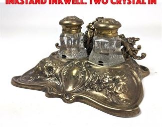 Lot 15 Silver Floral Repousse Inkstand Inkwell. Two Crystal In