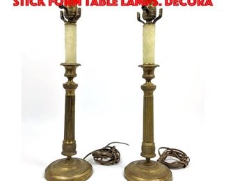 Lot 273 Pr Antique Bronze Candle Stick form Table Lamps. Decora