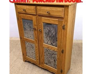 Lot 390 Oak Server Pie Safe Style Cabinet. Punched Tin Doors.