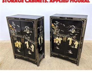 Lot 420 Pr Black Asian style Storage Cabinets. Applied figural 