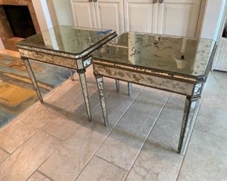 $275 Pair of mirrored side tables, a couple of minor loss showing on photos. 30"L x 24"Dx 28"H