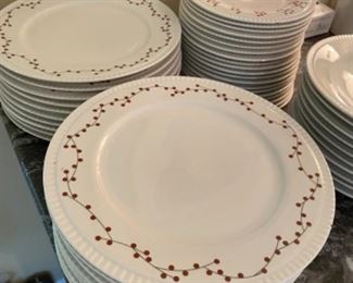 $140 set of Colin Cowie white with red holly plates  24 dinner plates & 24 dessert plates  