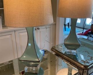 $140 Pair of Decorator Lamps, Turquoise pottery on lucite base with linen shade 28"H x 15"D