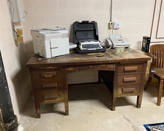 Larger older wood desk, printer 