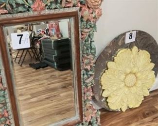 (#7-A) Large Floral mirror $25***(#8-A) 2 pc Large silver lt wt wall plaque and yellow flower wall plaque (pair $10)