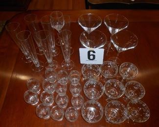 (#6)--(14) small, and (9) etched matching glasses (6) Pilzners, (4) large Martini glasses, $20